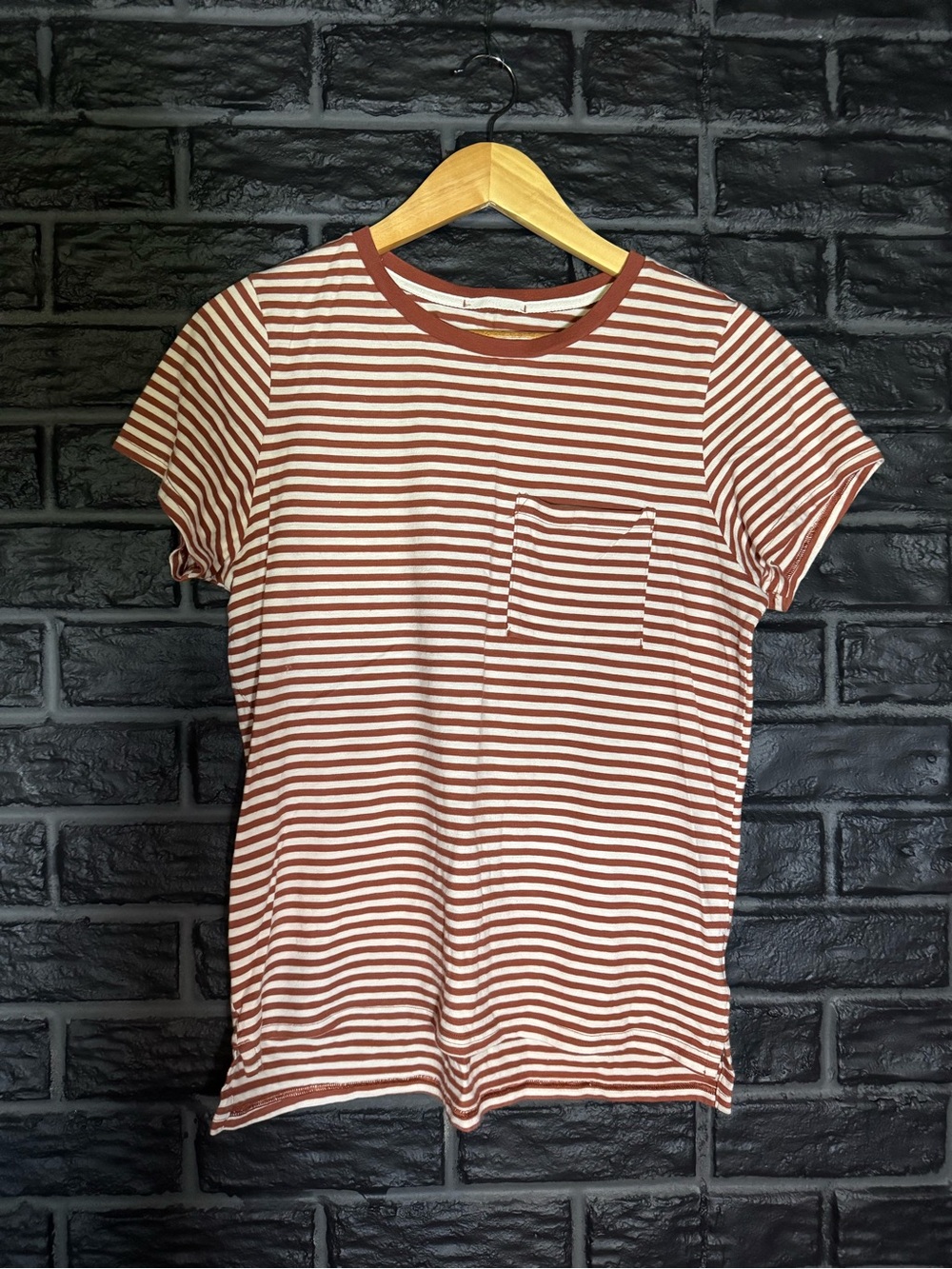 REI Rust and White Striped Short Sleeve Tee